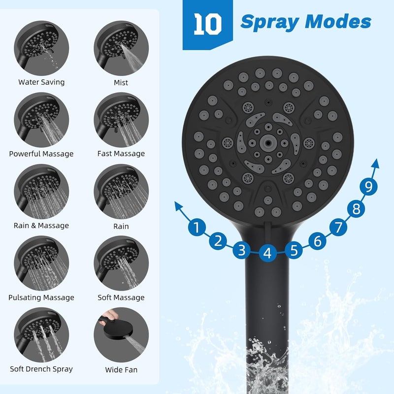 Hibbent cUPC Certified 13'' Shower Head Combo, High Pressure 5 Spray Rainfall Showerhead, 10 Spray Mode Handheld, All Metal Easy Reach 4-way Diverter Arm with Pause Mode, 71'' Hose and Holder, Black - Image 3
